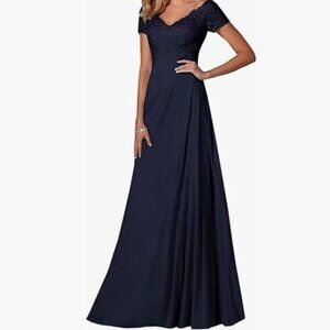 Women's Mother of The Bride Dresses with Sleeves V-Neck Lace Chiffon A-Line